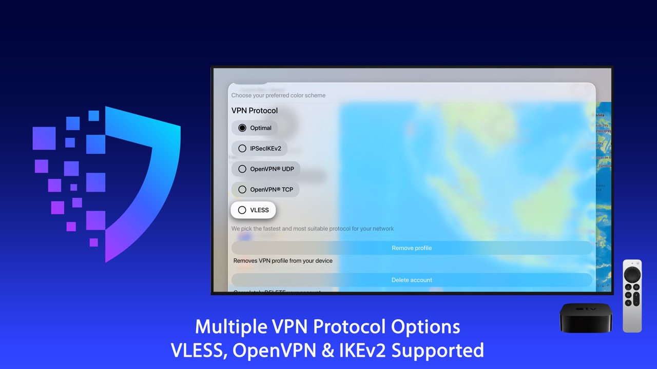 Protocol options on Apple TV: VLESS, OpenVPN, IKEv2