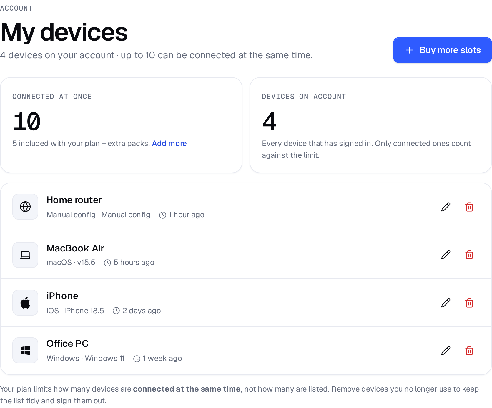 My devices page with rename and remove buttons
