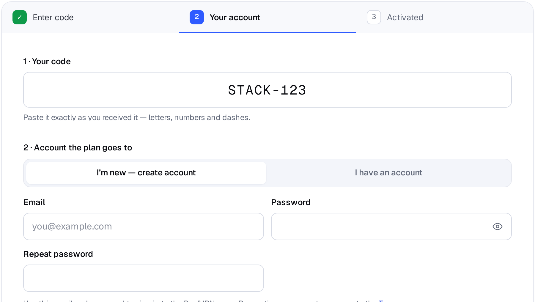 Redeem page: code field and account tabs