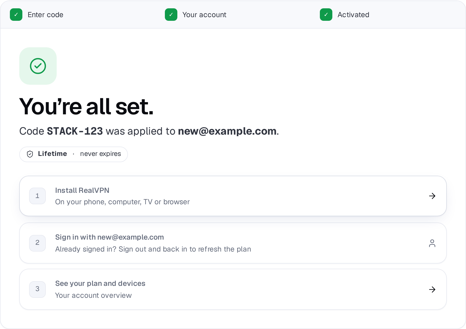 Redeem success with the activated plan and next steps
